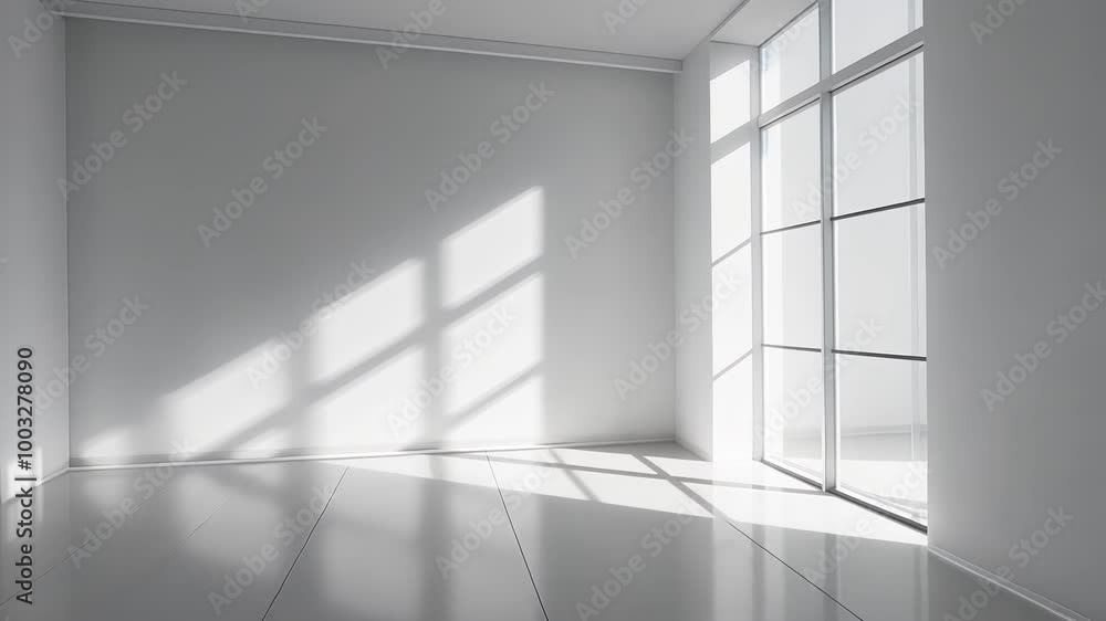 Poster sunlight streams through window, filling white room with peace. modern design exudes simplicity, cre