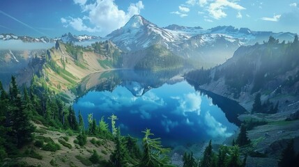 Naklejka premium Serene Reflection of Majestic Snow Capped Mountains in Pristine Alpine Lake Surrounded by Lush Evergreen Forests