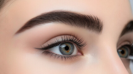 Fototapeta premium Beautiful young woman , makeup , clean skin. Makeup artist , eyelashes with mascara in a beauty salon . Eyelash extension , beautiful eyebrows