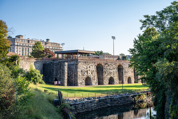 View of the ruined Scranton Iron Furnaces stone facade in Pennsylvania
