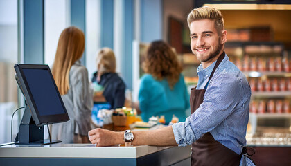 Obraz premium Smiling, young and attractive salesman, cashier serving customers