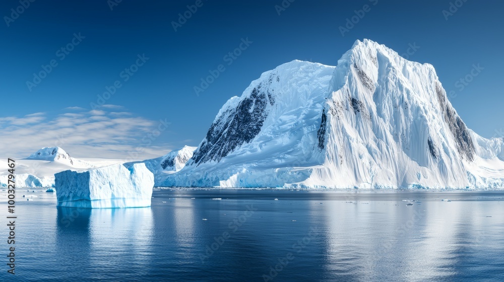 Poster a large mountain is in the background with a large iceberg in the foreground