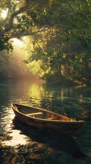 Tranquil Lakeside Forest with Drifting Rowboat during Golden Sunset