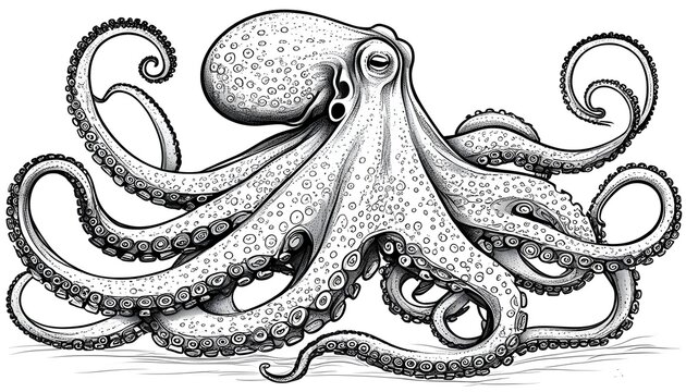 recommend clip art: Intricate Line Art of a Defensive Octopus with Curled Tentacles on a White Canvas
