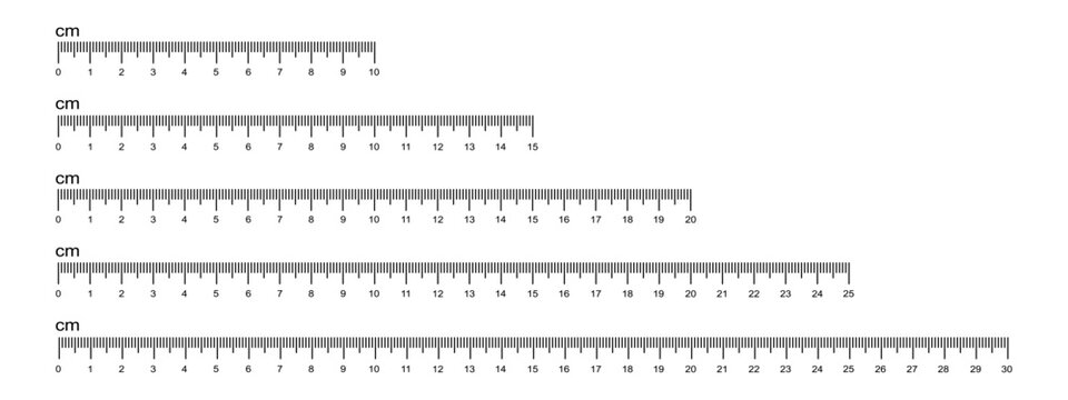 Set of ruler scales with 10, 20, 25 and 30 centimeters markup isolated on white background. Math or sewing length measurement tool layout. Vector graphic illustration.