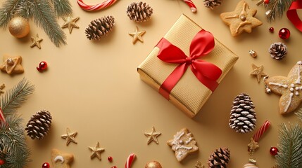Fototapeta premium Gold and Red Christmas Decorations with Gift and Cookies on a Beige Background