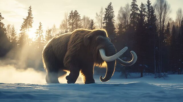 A Majestic Mammoth Gracefully Walking Through a Beautiful Winter Landscape Scene