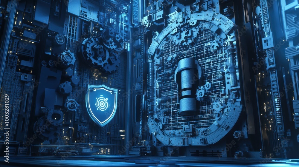 Aufkleber futuristic cyber security concept with a complex mechanism and shield symbol.