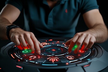 Naklejka premium A cybersecurity expert running ethical hacking simulations, with glowing red and green alerts appearing on a futuristic security dashboard