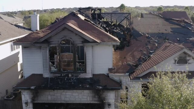 House fire aftermath and destruction. Aerial