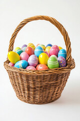 A wicker basket filled with colorful, intricately designed Easter eggs, showcasing a variety of bright patterns and hues against a plain white background.