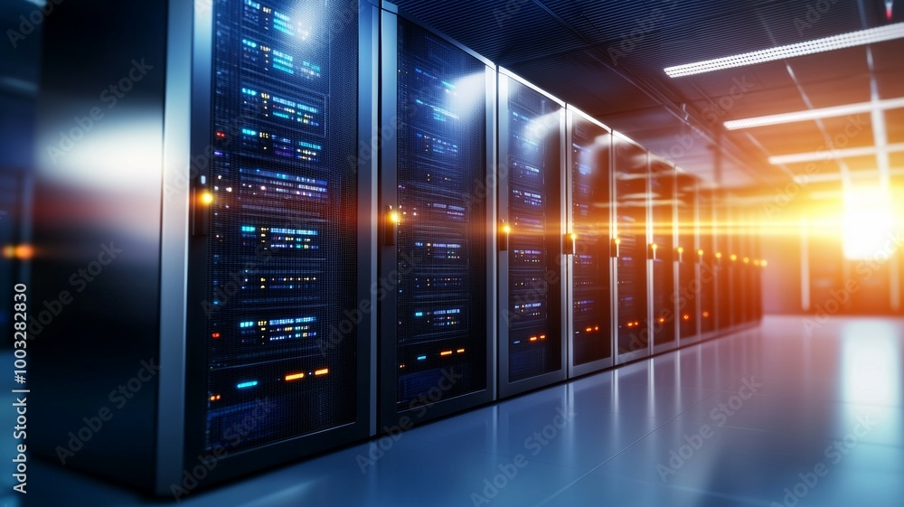 Poster a row of computer servers with a bright light shining on them