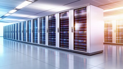 A row of computer servers are lined up in a room