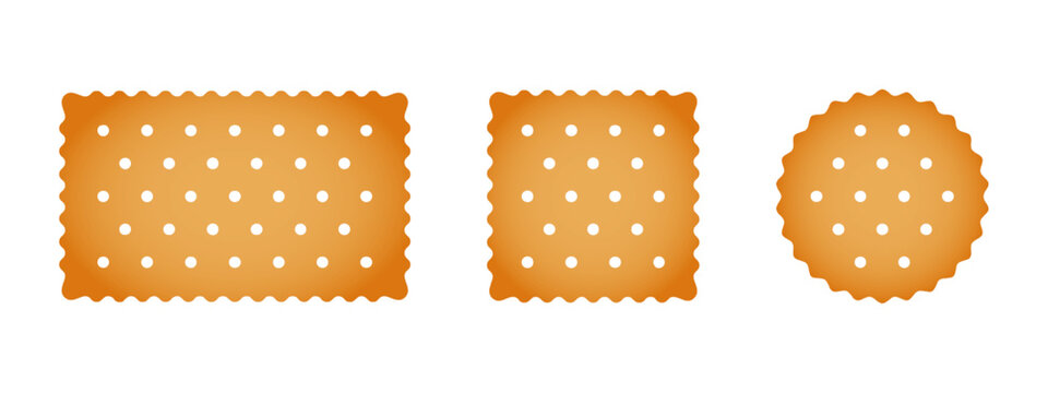 Set of crackers. Sweet or salty biscuit cookies in round, square and rectangle shapes. Popular children crunchy snacks isolated on white background. Vector cartoon illustration.
