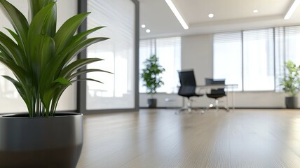 Fototapeta premium A large potted plant sits in front of a window in a clean, modern office