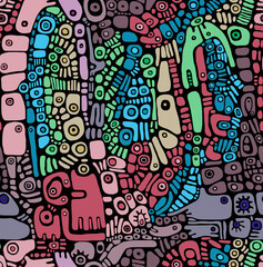 A hand-drawn mosaic pattern painted in bright colors.Seamless pattern.