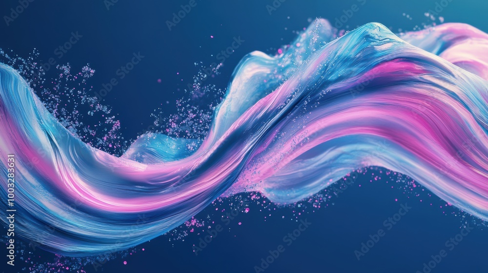 Poster abstract waves with blue and pink hues and glittering particles. creative and dynamic background