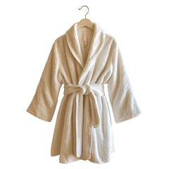 Cozy white bathrobe hanging in bright bathroom, transparent png