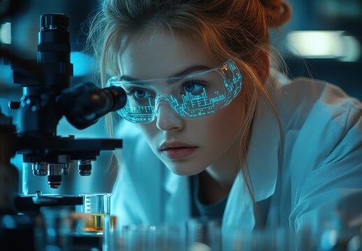 A female scientist examines data through a microscope while utilizing holographic technology in a laboratory setting during her research