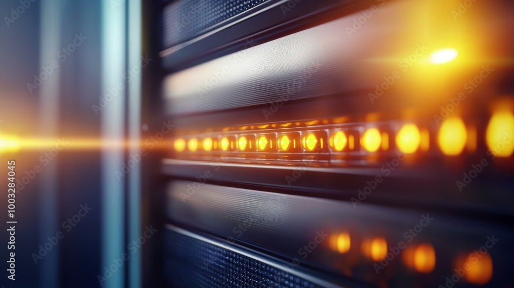 Poster a computer server with a yellow light shining on it