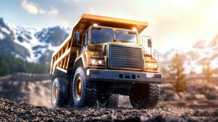 A large yellow truck is driving through a snowy mountain range