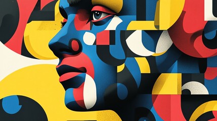 Abstract portrait of a woman's face created with geometric shapes and bold colors.