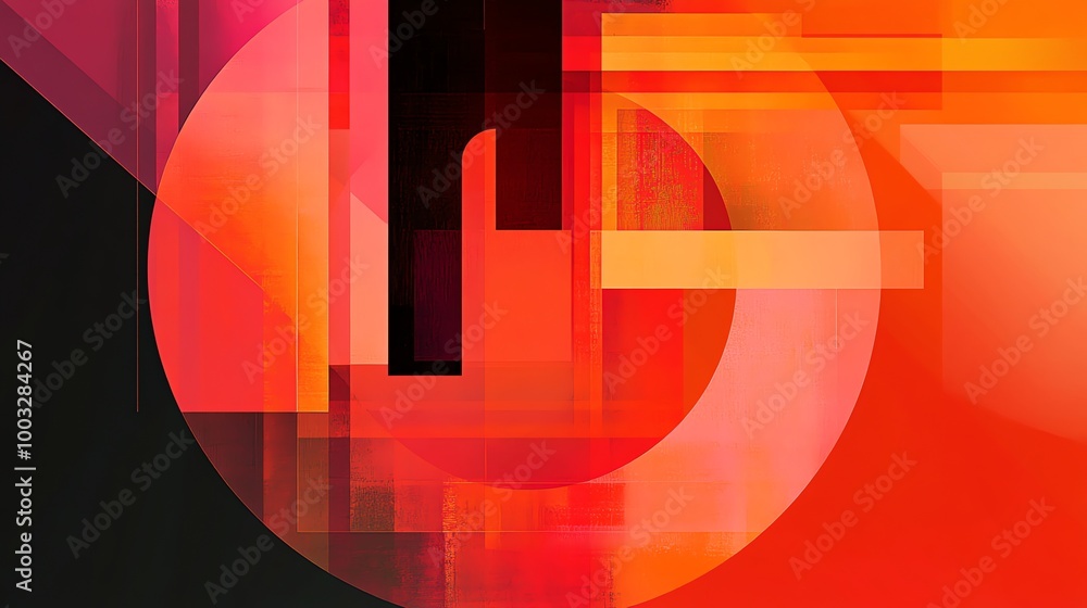 Poster abstract geometric pattern with layered, overlapping shapes in red, orange, and black.