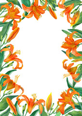 Orange Lily flower composition, watercolor handdrawn A4 frame template, isolated clipart. Tropical blooms and buds on green stems in natural style. Design for covers, packaging, season offer.