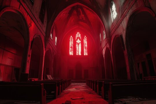 Demonic ritual in abandoned church, with copy space