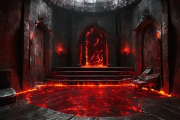 Demonic throne room with lava flows, with copy space