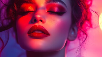 Closeup of a woman's face with colorful makeup and lighting.