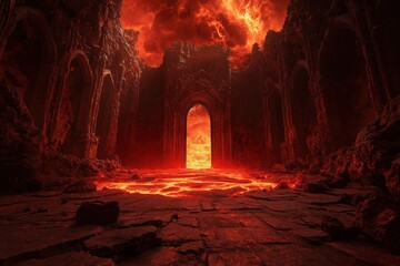 Demonic throne room with lava flows, with copy space