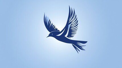 Obraz premium Blue bird silhouette flying against a soft blue background.