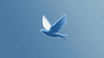 A blue dove flying against a light blue background.