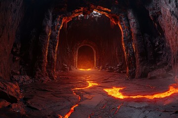 Demonic throne room with lava flows, with copy space