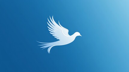 Fototapeta premium A simple, white dove flying across a bright blue sky.