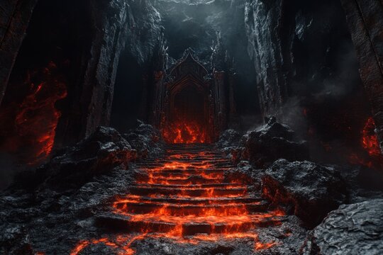 Demonic throne room with lava flows, with copy space - Powered by Adobe