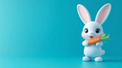 Obraz premium Adorable cartoon bunny holding a carrot, isolated on a blue background.
