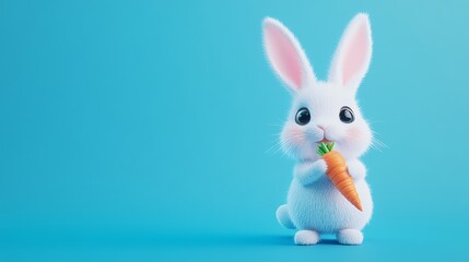 Obraz premium A cute cartoon rabbit holding a carrot against a blue background.