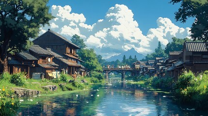 Fototapeta premium Tranquil Japanese Village with River and Bridge under a Sunny Sky