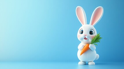 Obraz premium Cute cartoon bunny holding a carrot on a blue background.