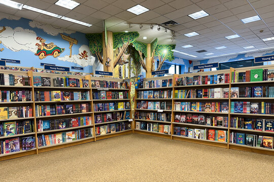 Wide selection of young reader books on the bookshelves at Barnes and Noble booksellers shop.
