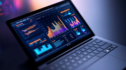 A laptop displaying a graph with a purple line