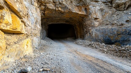 A road leading into a cave with a lot of rocks and dirt