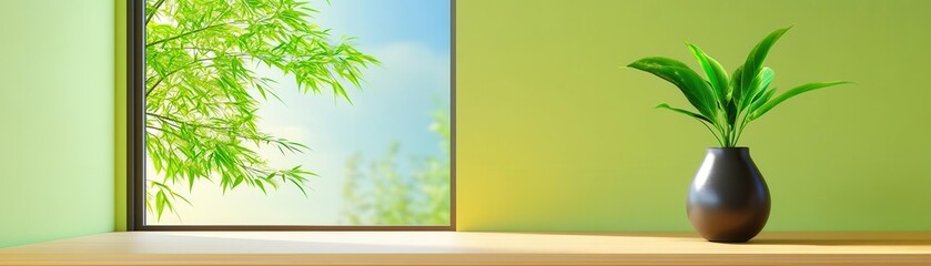 Quiet home studio, clean desk, open window with nature view, soft natural light, simple and peaceful, Contemporary style, 3D rendering