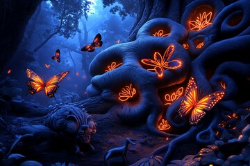 A fantasy wildlife scene with glowing butterflies, magical creatures, and enchanted trees in a forest bathed in twilight