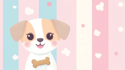 Adorable cartoon puppy with a bone in its mouth against a colorful striped background.