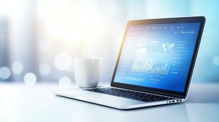 A laptop computer is open on a table with a white coffee cup next to it