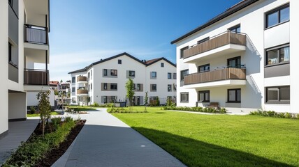 Fototapeta premium A row of white buildings with a green grassy area in between