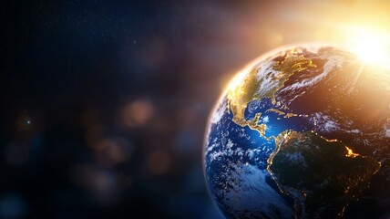 Obraz premium A close up of the Earth with a bright sun in the background